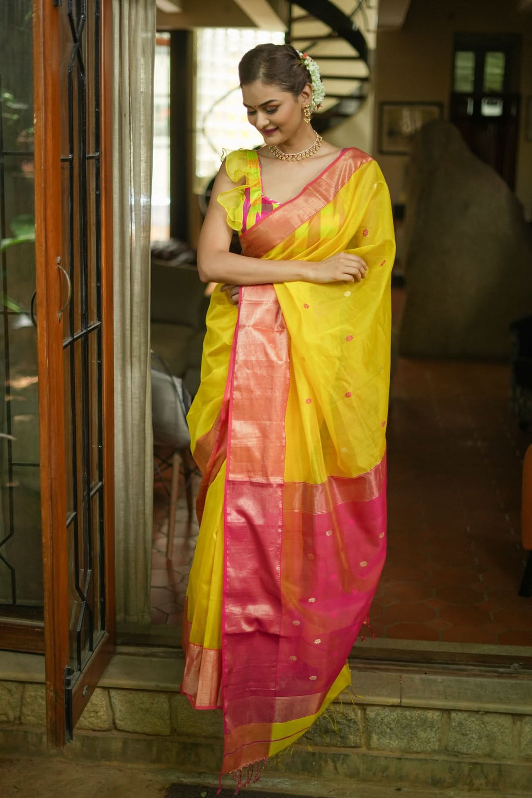Handwoven Maheshwari Silk Cotton Saree in Yellow and Pink with zari borders