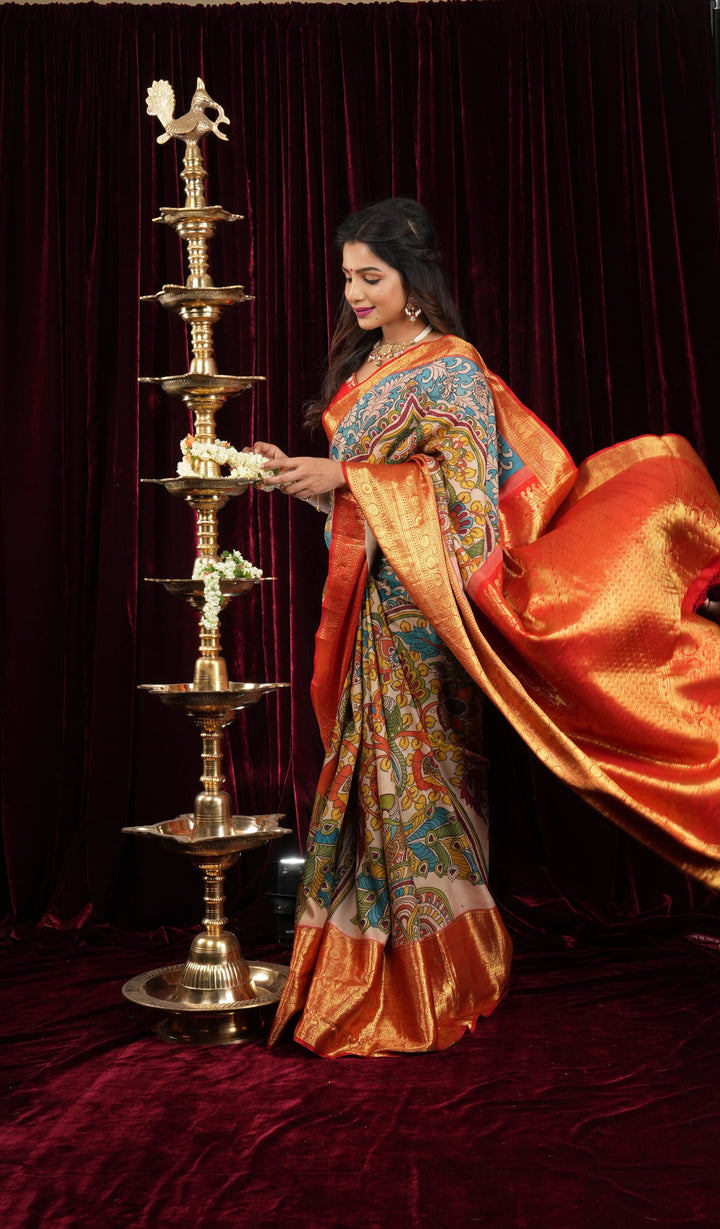 Preorder : Tree of Life - Iconic Pen Kalamkari on Pure Kanjivaram SIlk with wide border saree| SILK MARK CERTIFIED