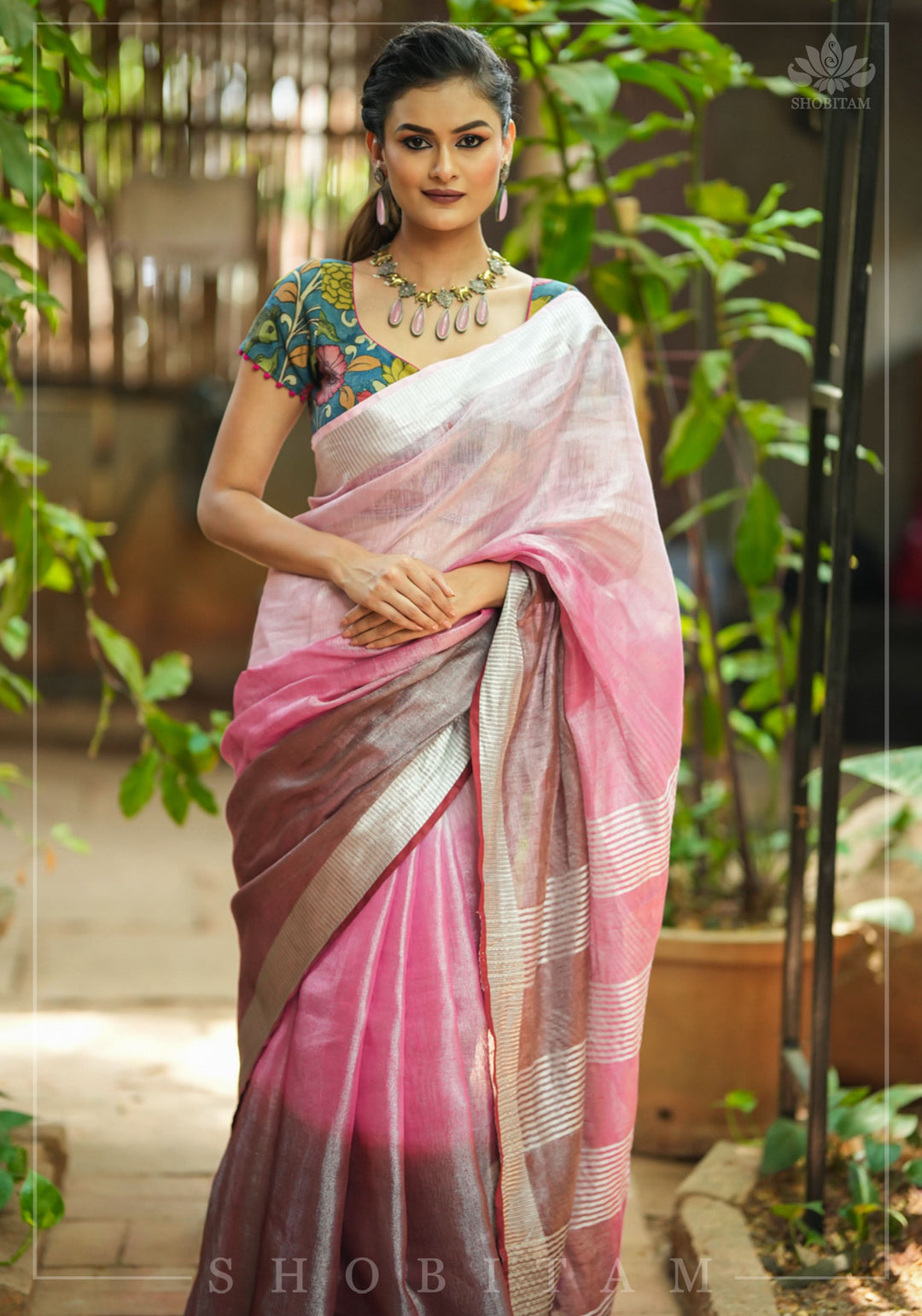 Blush pink burgundy Ombre Silver Tissue Linen Saree with Silver Ribbed Borders