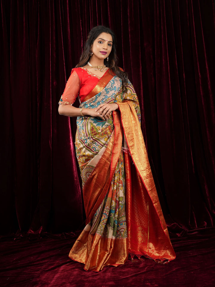 Preorder : Tree of Life - Iconic Pen Kalamkari on Pure Kanjivaram SIlk with wide border saree| SILK MARK CERTIFIED