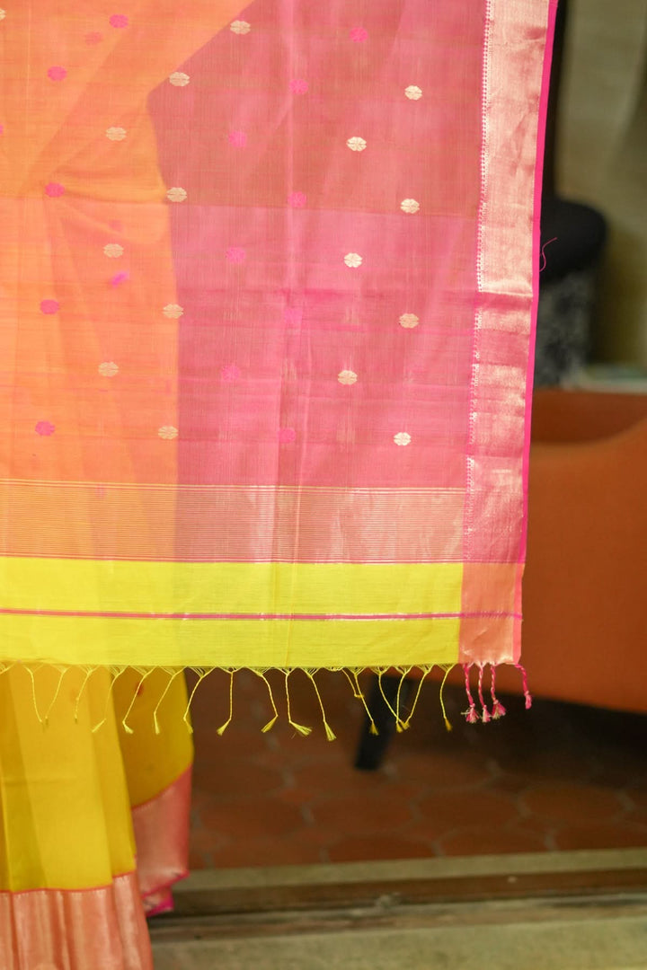 Handwoven Maheshwari Silk Cotton Saree in Yellow and Pink with zari borders