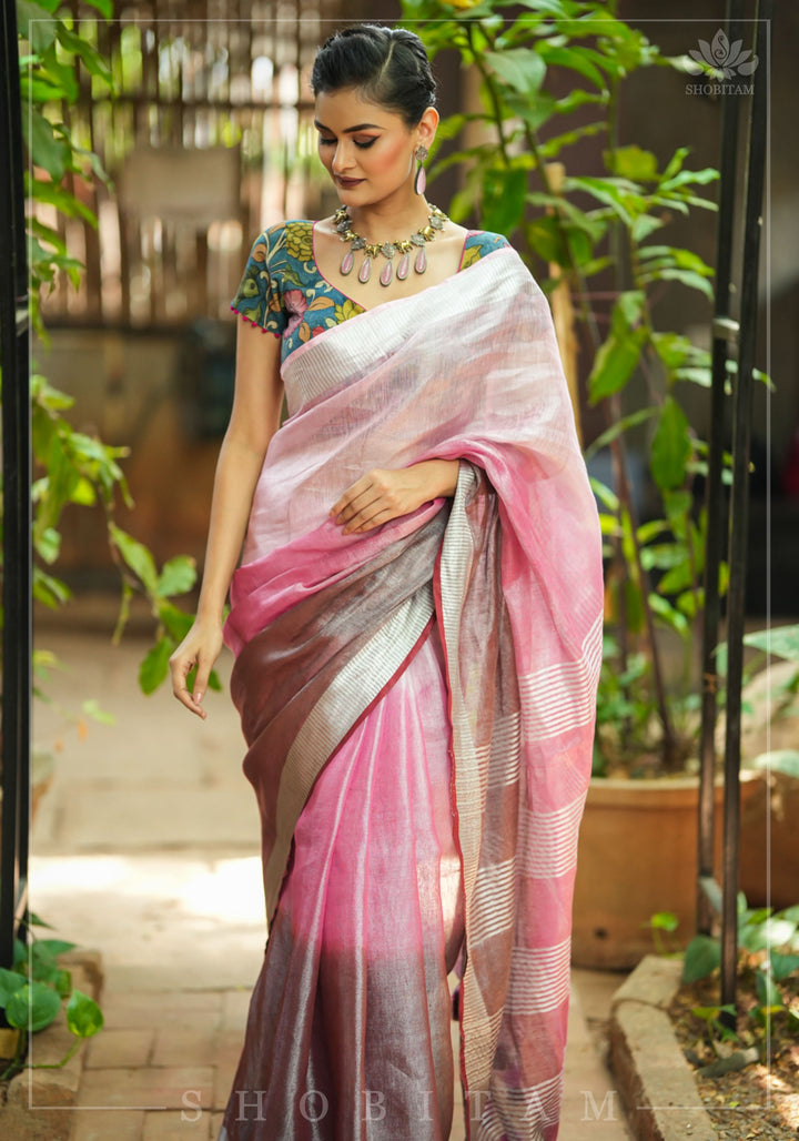 Blush pink burgundy Ombre Silver Tissue Linen Saree with Silver Ribbed Borders