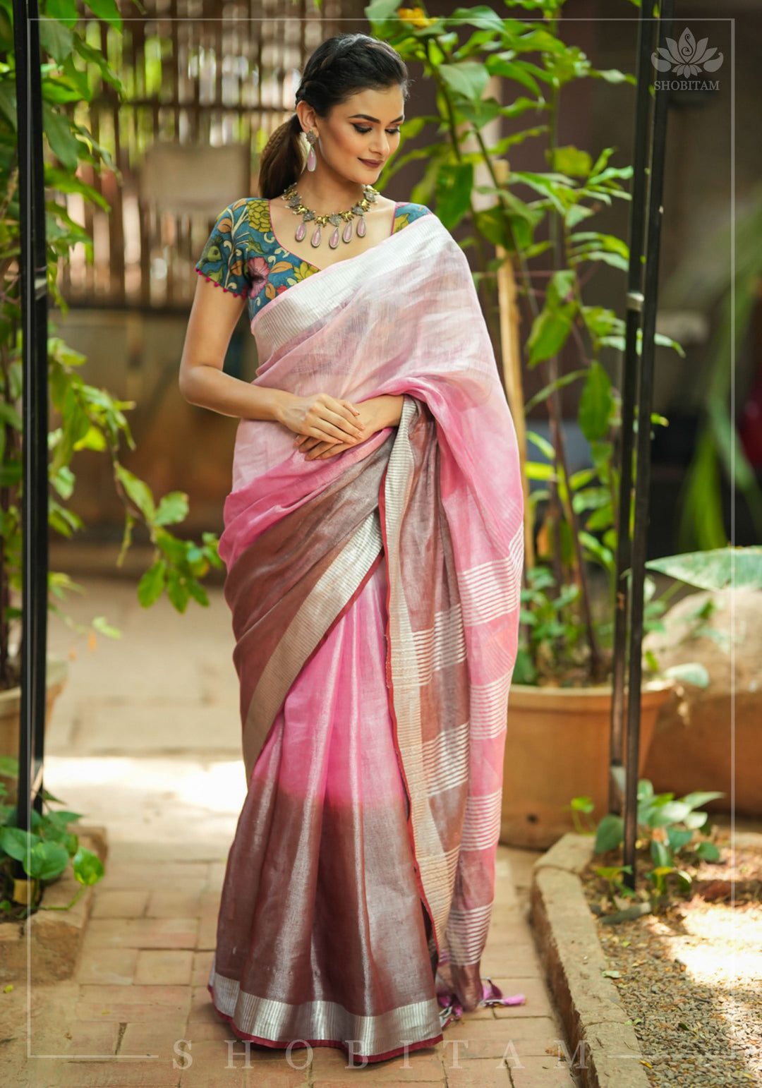 Blush pink burgundy Ombre Silver Tissue Linen Saree with Silver Ribbed Borders