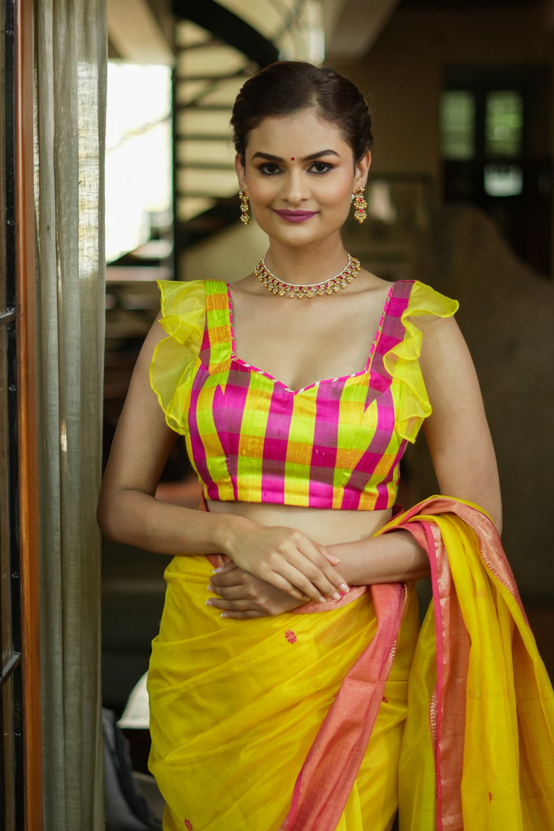 Sunshine Yellow Pink Checked Pure Raw Silk Sweetheart neck blouse