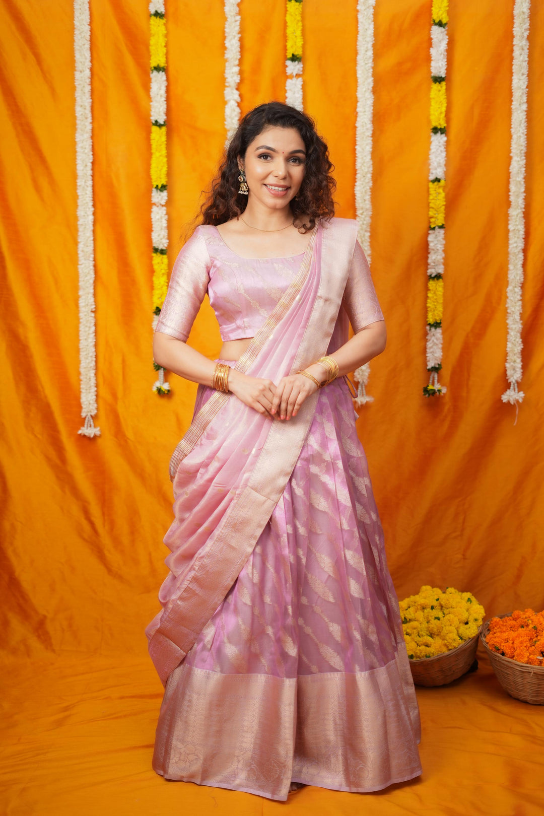 Aalaya Pink Banarasi Half Saree Set | Made To Order