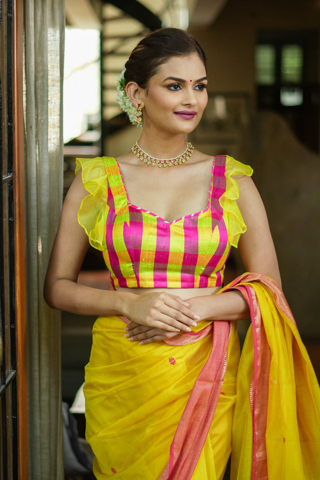 Sunshine Yellow Pink Checked Pure Raw Silk Sweetheart neck blouse