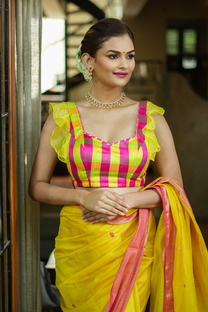 Sunshine Yellow Pink Checked Pure Raw Silk Sweetheart neck blouse