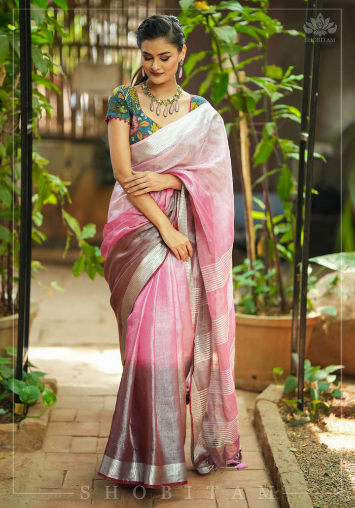 Blush pink burgundy Ombre Silver Tissue Linen Saree with Silver Ribbed Borders
