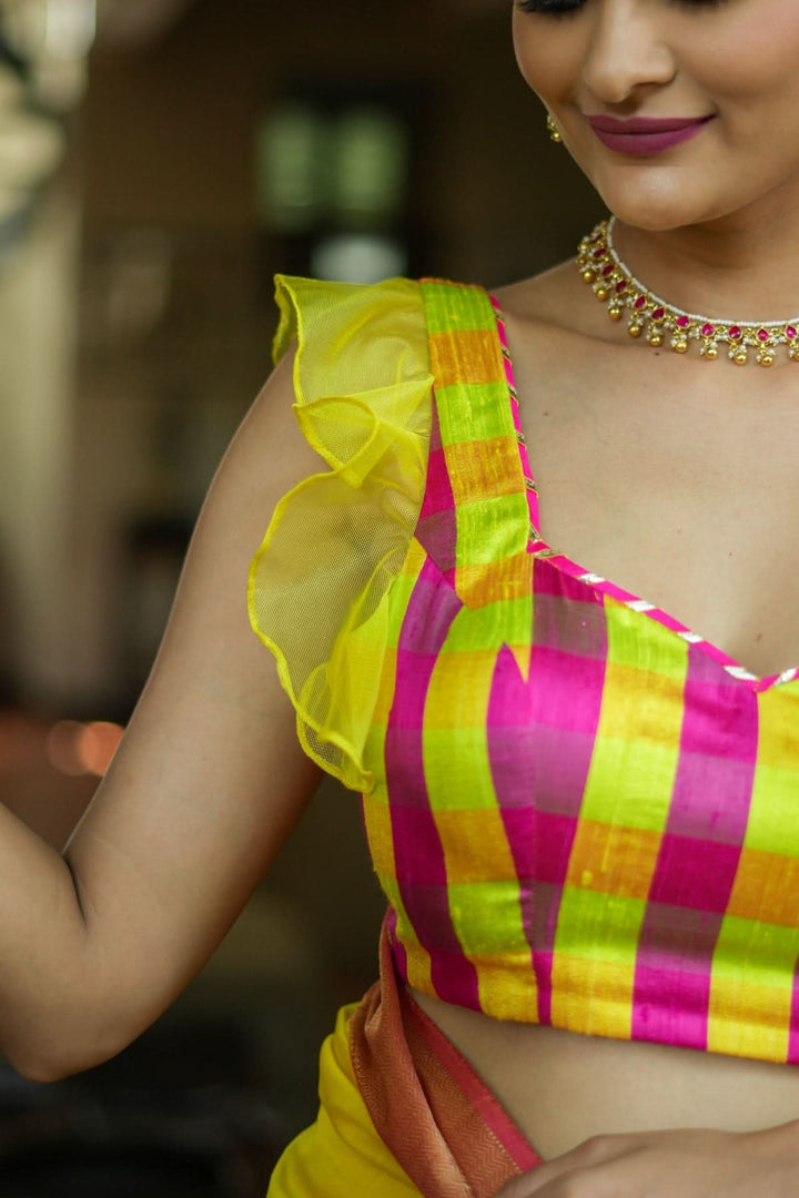 Sunshine Yellow Pink Checked Pure Raw Silk Sweetheart neck blouse