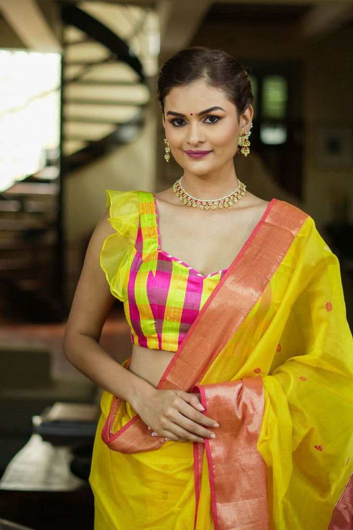 Sunshine Yellow Pink Checked Pure Raw Silk Sweetheart neck blouse
