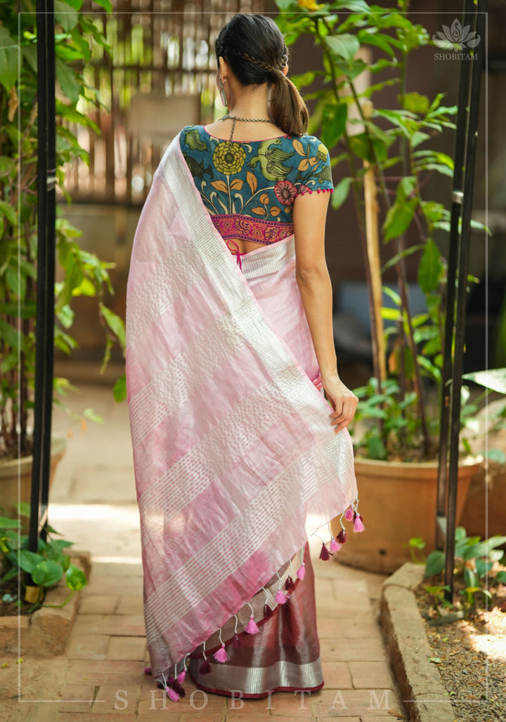 Blush pink burgundy Ombre Silver Tissue Linen Saree with Silver Ribbed Borders