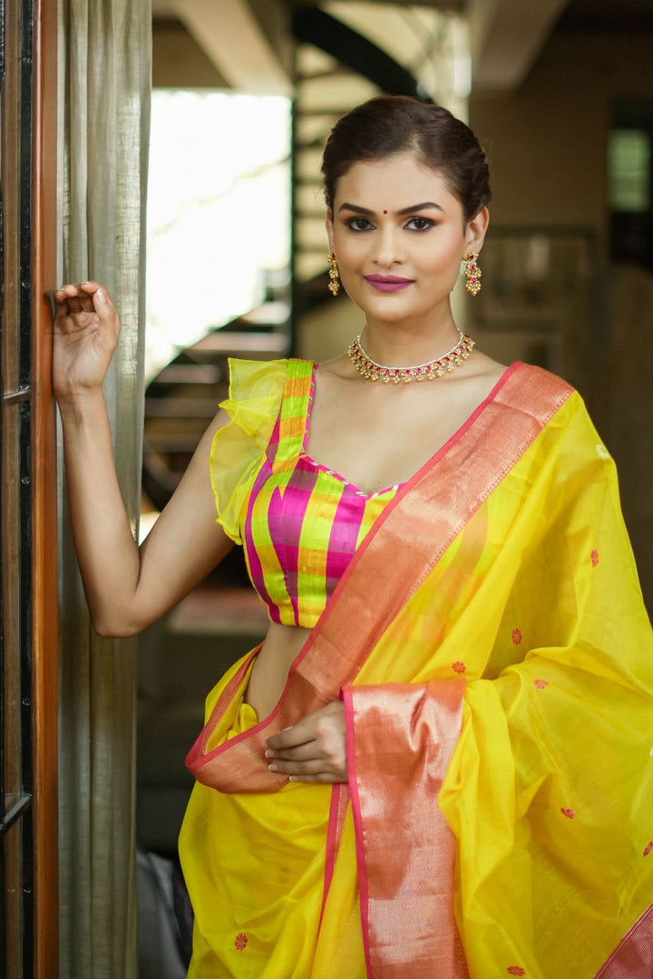 Sunshine Yellow Pink Checked Pure Raw Silk Sweetheart neck blouse