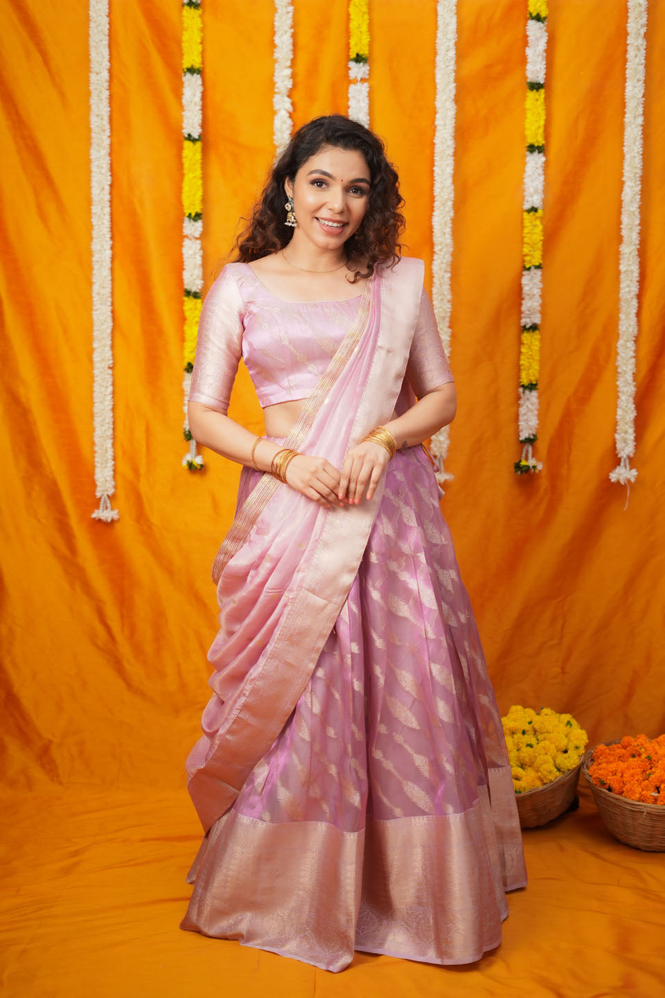 Aalaya Pink Banarasi Organza Half Saree Set | SHOBITAM
