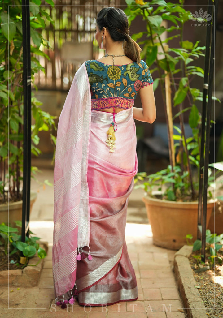 Blush pink burgundy Ombre Silver Tissue Linen Saree with Silver Ribbed Borders