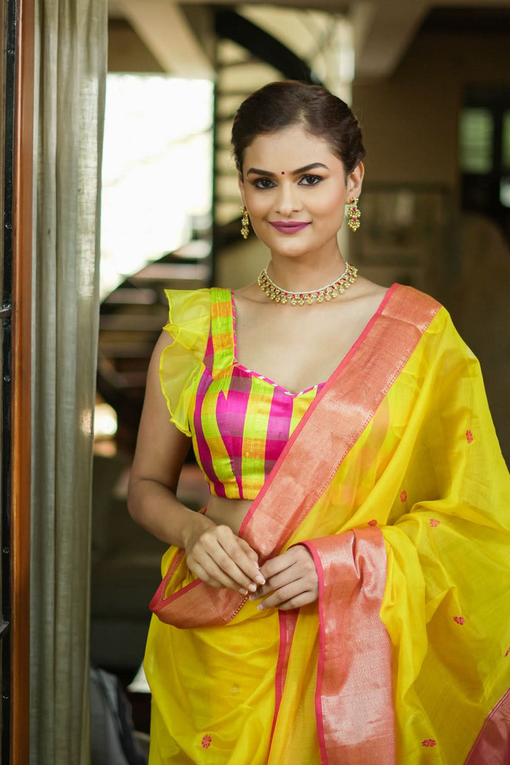 Sunshine Yellow Pink Checked Pure Raw Silk Sweetheart neck blouse