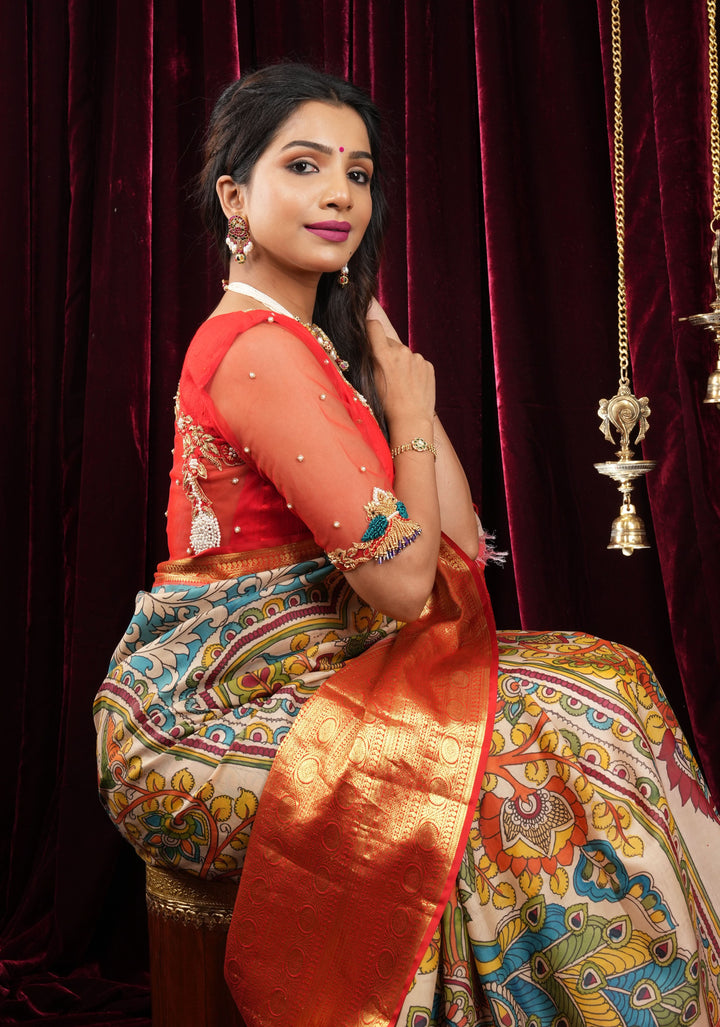 Red Pure Raw silk with Zardosi handwork Peacock design on Net Back and Sleeves