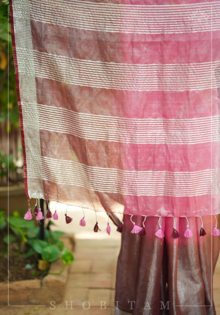 Blush pink burgundy Ombre Silver Tissue Linen Saree with Silver Ribbed Borders