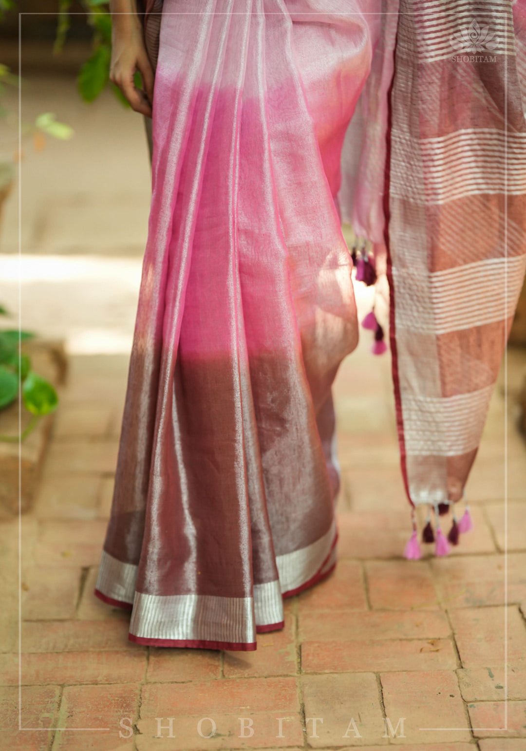 Blush pink burgundy Ombre Silver Tissue Linen Saree with Silver Ribbed Borders
