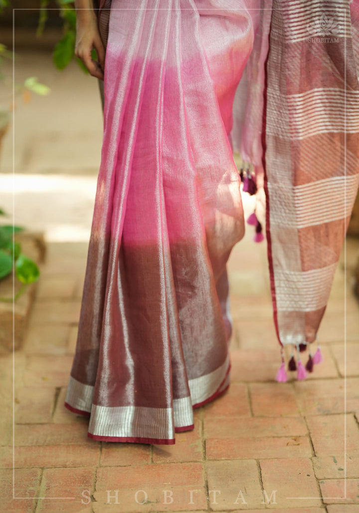 Blush pink burgundy Ombre Silver Tissue Linen Saree with Silver Ribbed Borders