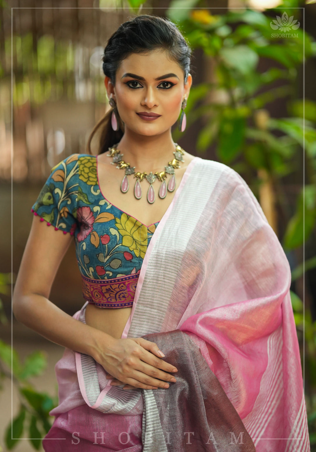 Authentic Pen Kalamkari Blouse in Livid Blue with Pond Theme painting, Banarasi Border and waist tie back!