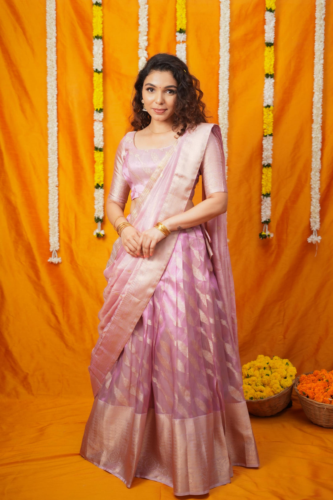 Aalaya Pink Banarasi Half Saree Set | Made To Order