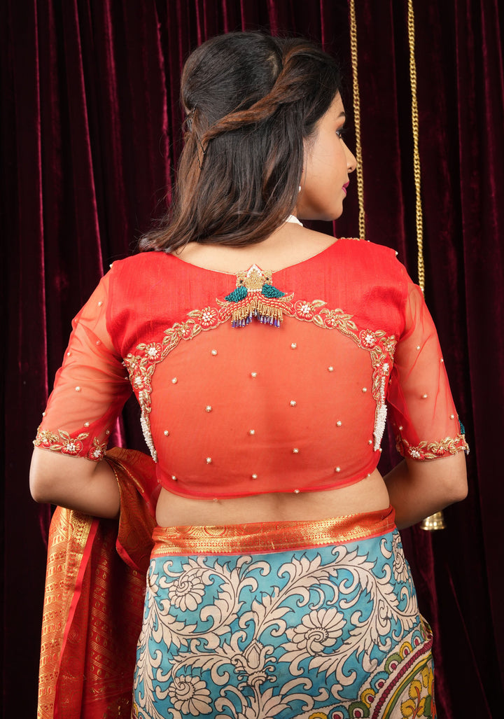 Red Pure Raw silk with Zardosi handwork Peacock design on Net Back and Sleeves