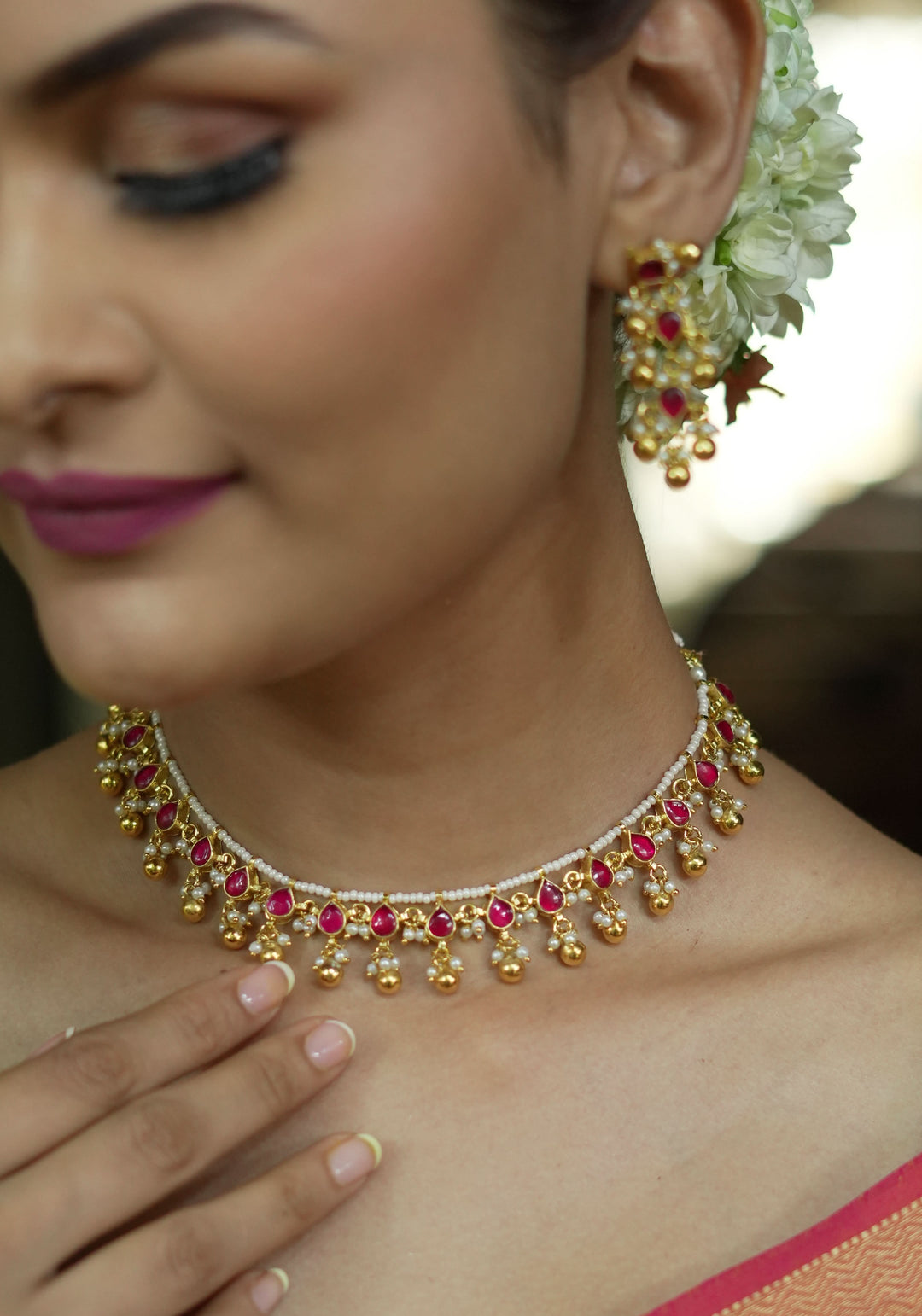 Lightweight Jadau handmade Necklace Set with Dangling Red translucent stones and Matching Earrings | Shobitam Jewelry