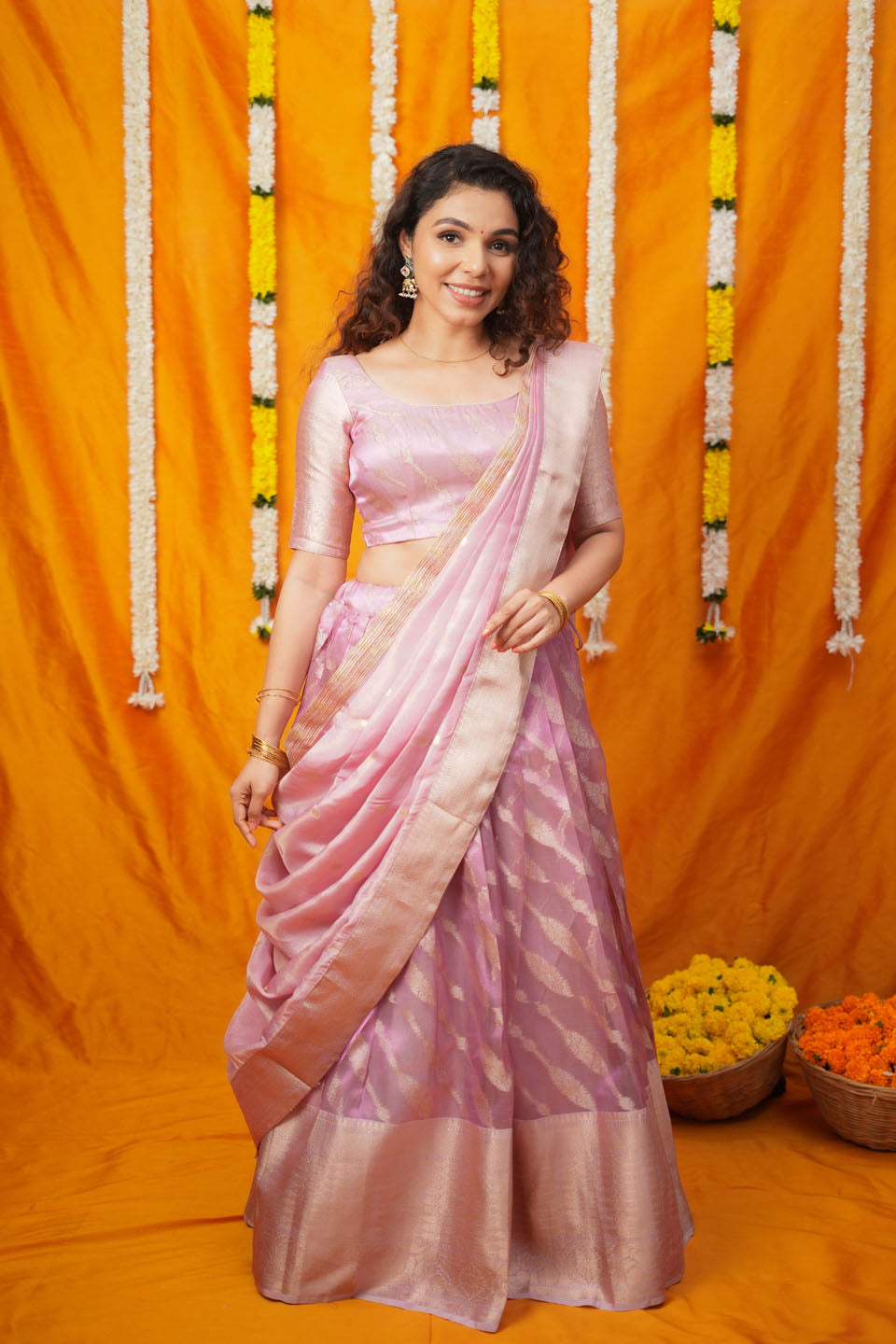 Aalaya Pink Banarasi Organza Half Saree Set | SHOBITAM