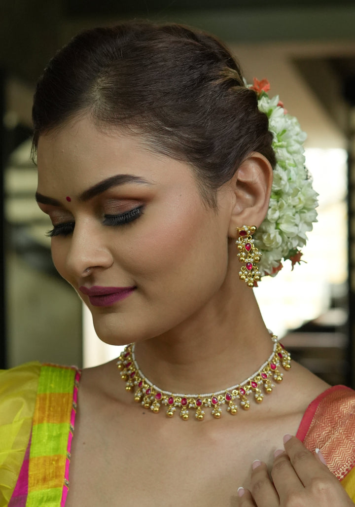Lightweight Jadau handmade Necklace Set with Dangling Red translucent stones and Matching Earrings | Shobitam Jewelry