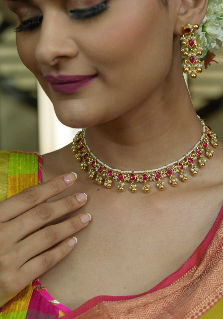 Lightweight Jadau handmade Necklace Set with Dangling Red translucent stones and Matching Earrings | Shobitam Jewelry