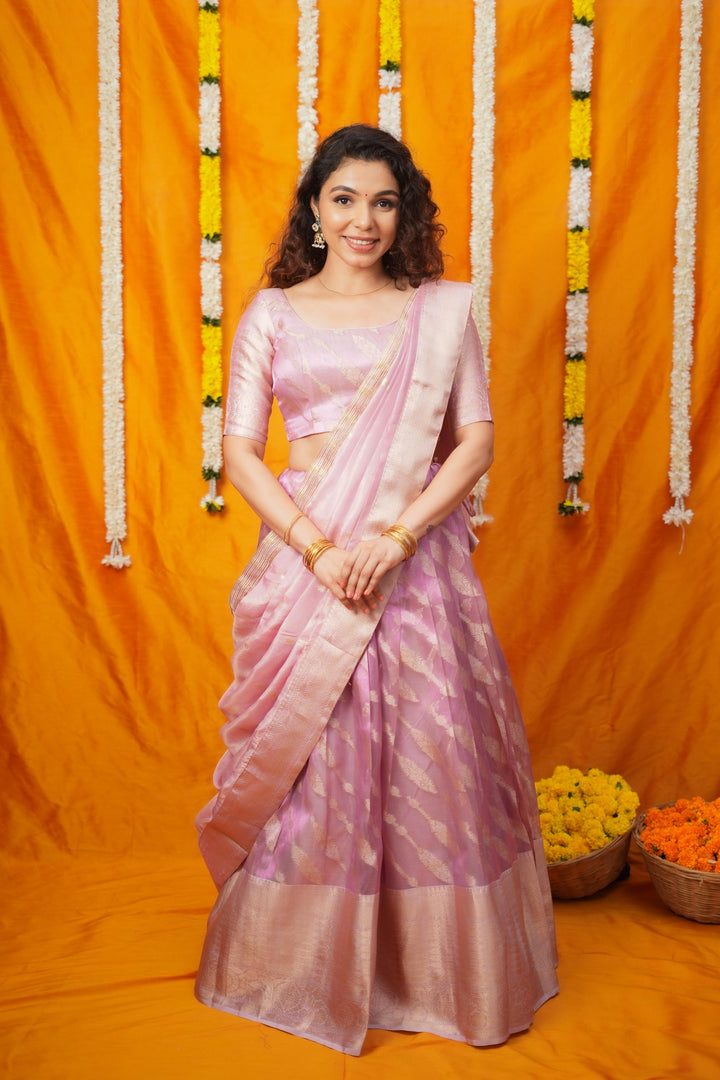 Aalaya Pink Banarasi Half Saree Set | Made To Order