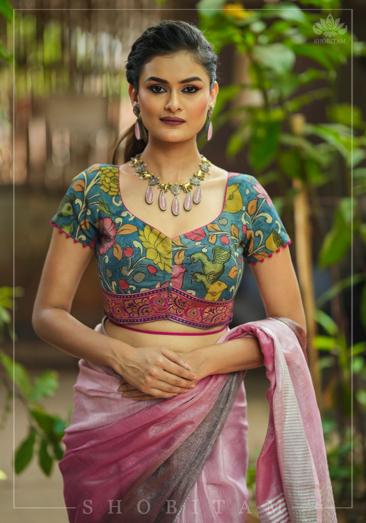 Authentic Pen Kalamkari Blouse in Livid Blue with Pond Theme painting, Banarasi Border and waist tie back!