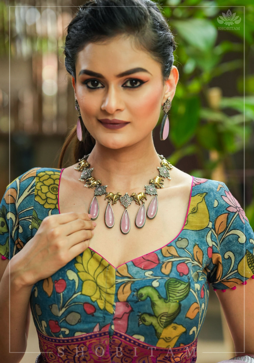 Authentic Pen Kalamkari Blouse in Livid Blue with Pond Theme painting, Banarasi Border and waist tie back!