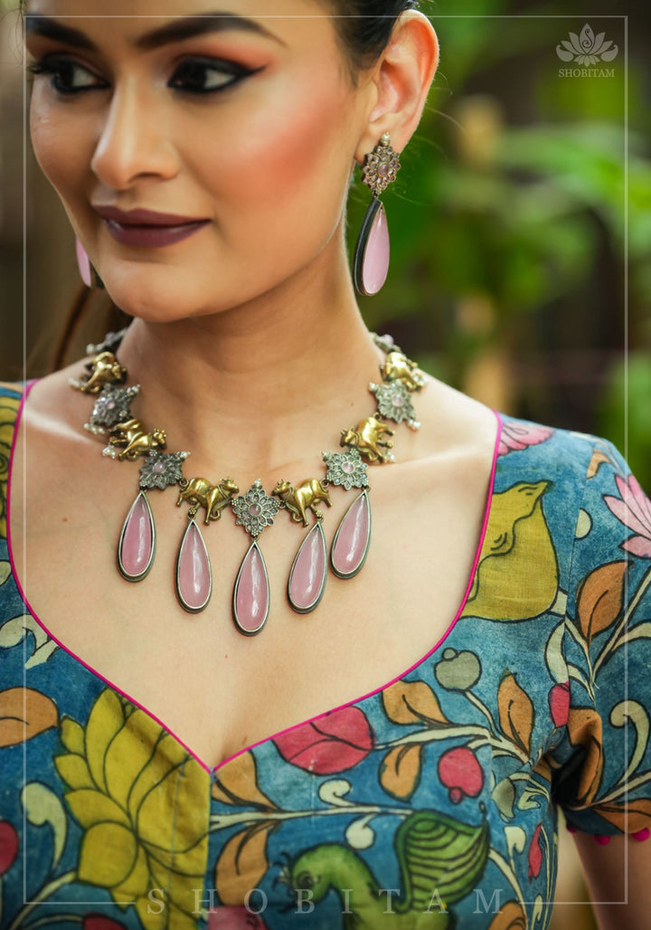 Authentic Pen Kalamkari Blouse in Livid Blue with Pond Theme painting, Banarasi Border and waist tie back!