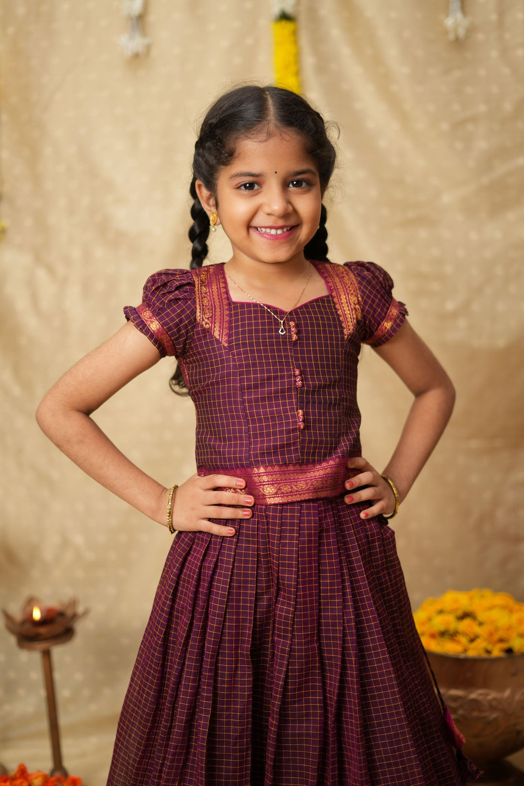 Esha Wine check Lehenga Mini (Set of 2)| Made to Order | SHOBITAM