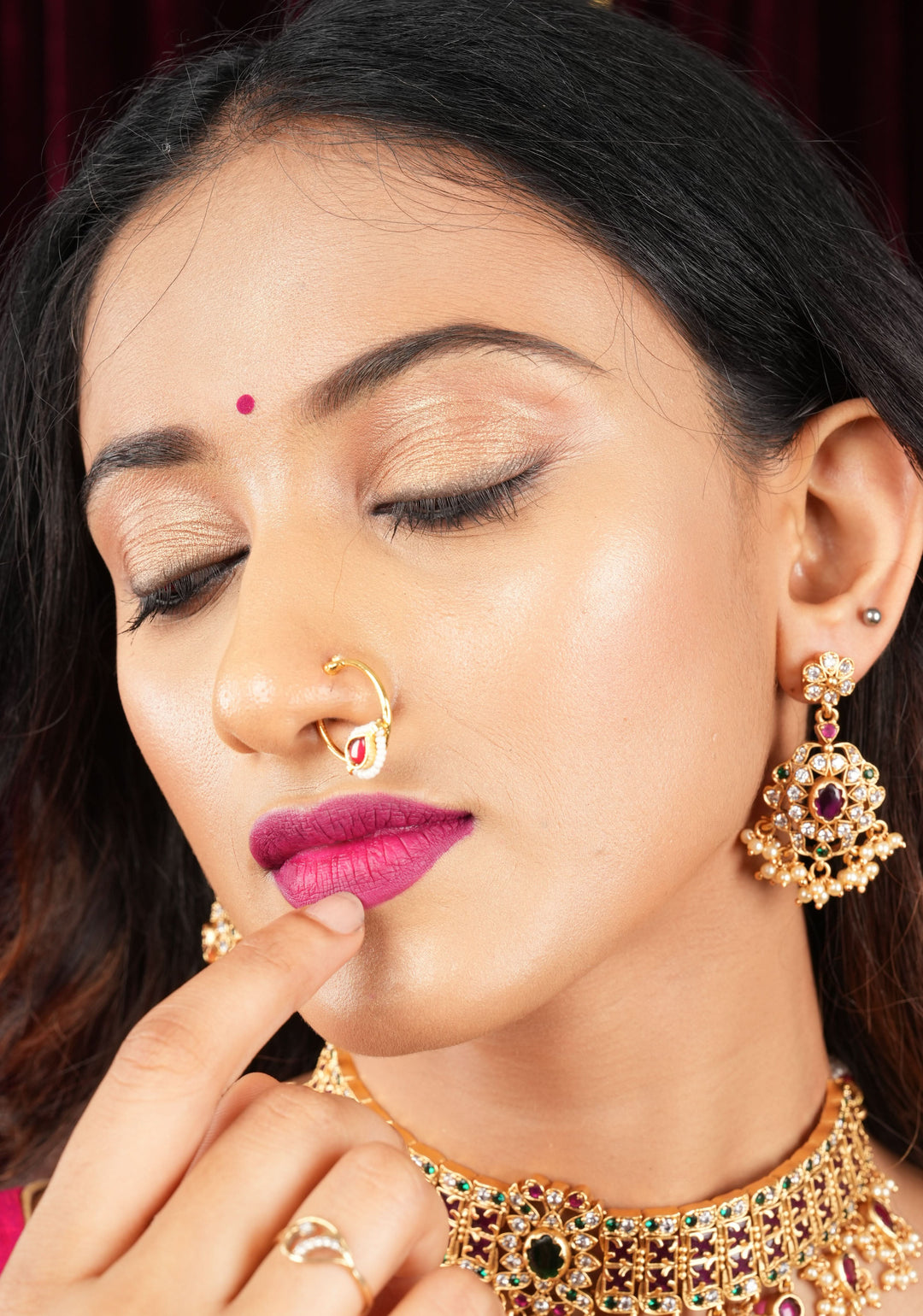 Red Kundan Clip on nose pin surrounded with Pearls Beads