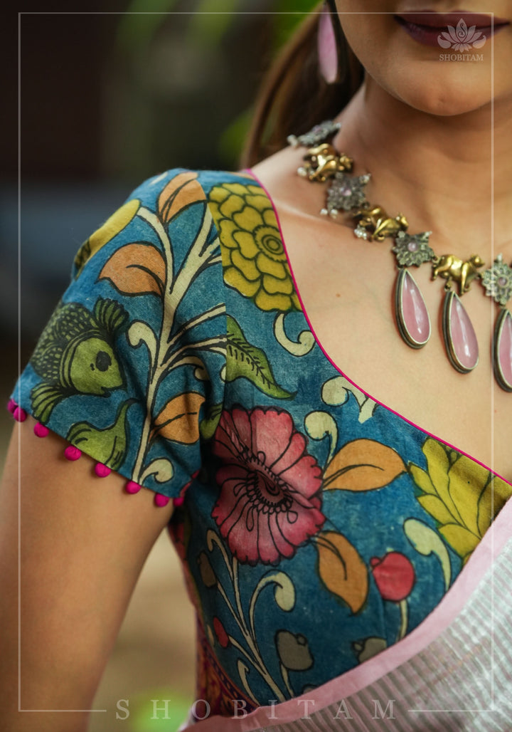 Authentic Pen Kalamkari Blouse in Livid Blue with Pond Theme painting, Banarasi Border and waist tie back!