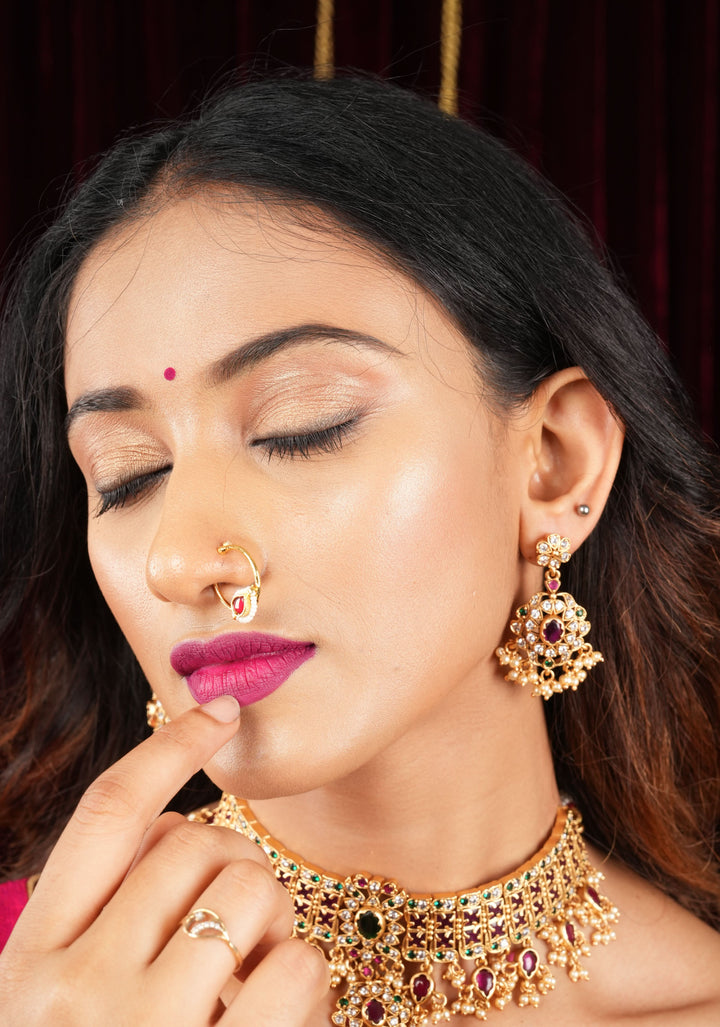 Red Kundan Clip on nose pin surrounded with Pearls Beads