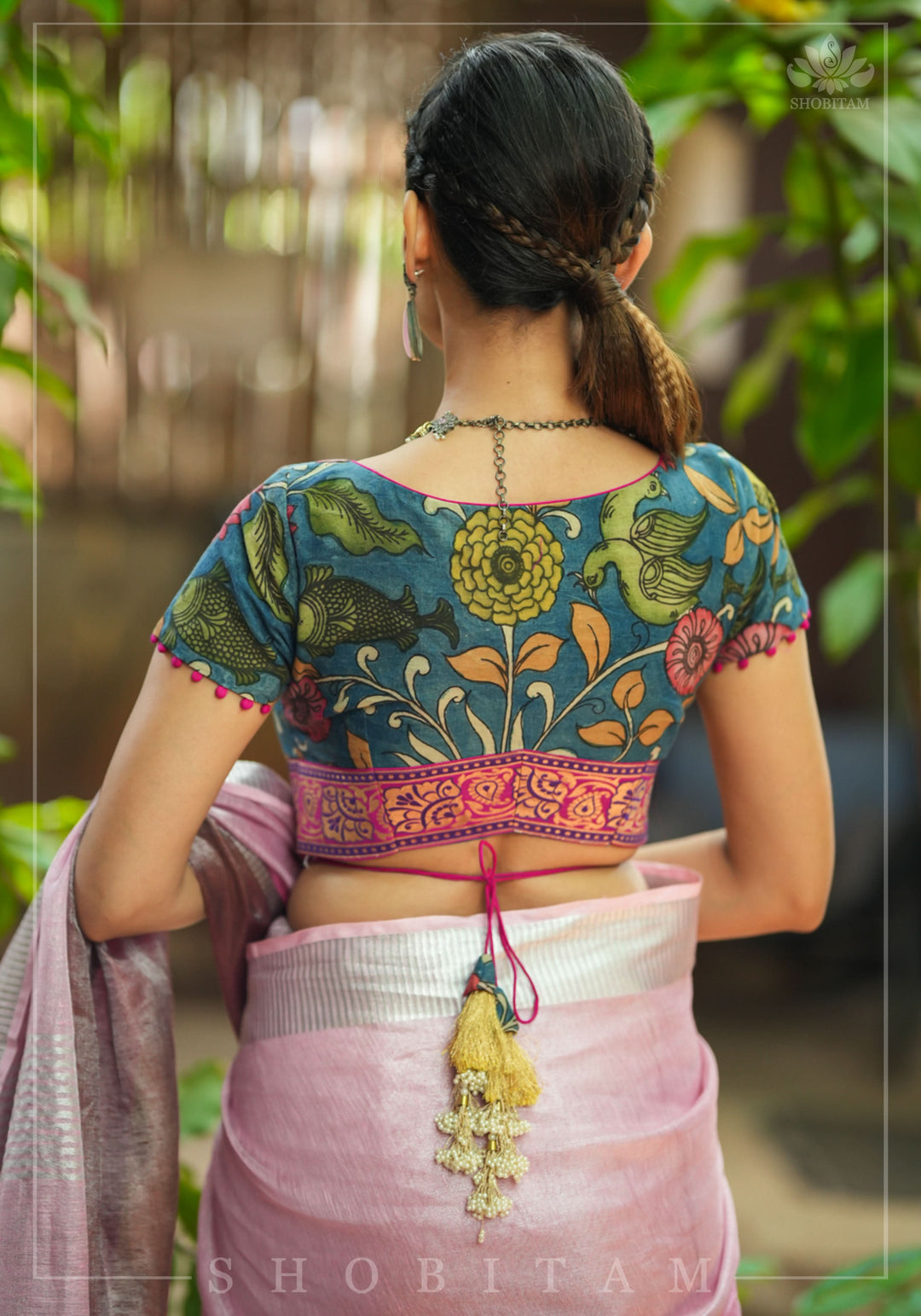 Authentic Pen Kalamkari Blouse in Livid Blue with Pond Theme painting, Banarasi Border and waist tie back!