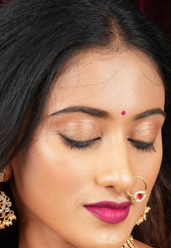 Red Kundan Clip on nose pin surrounded with Pearls Beads