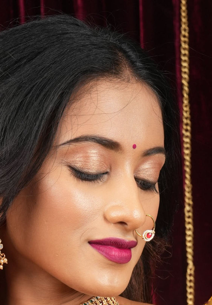 Red Kundan Clip on nose pin surrounded with Pearls Beads