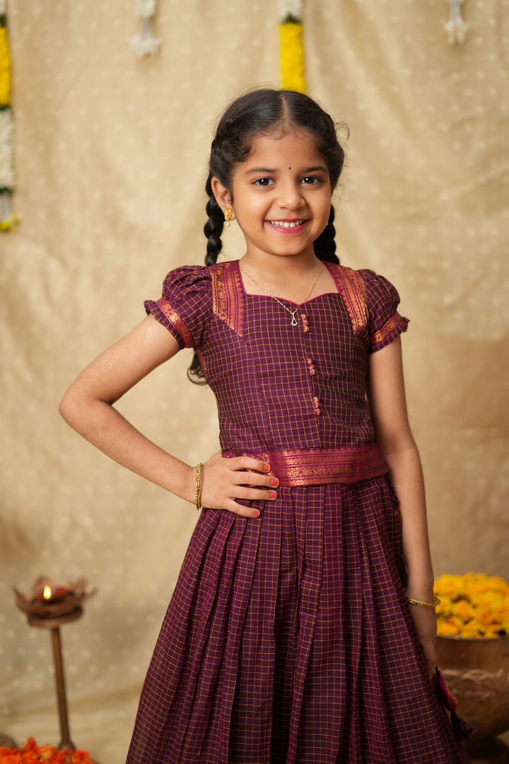 Esha Wine check Lehenga Mini (Set of 2)| Made to Order | SHOBITAM