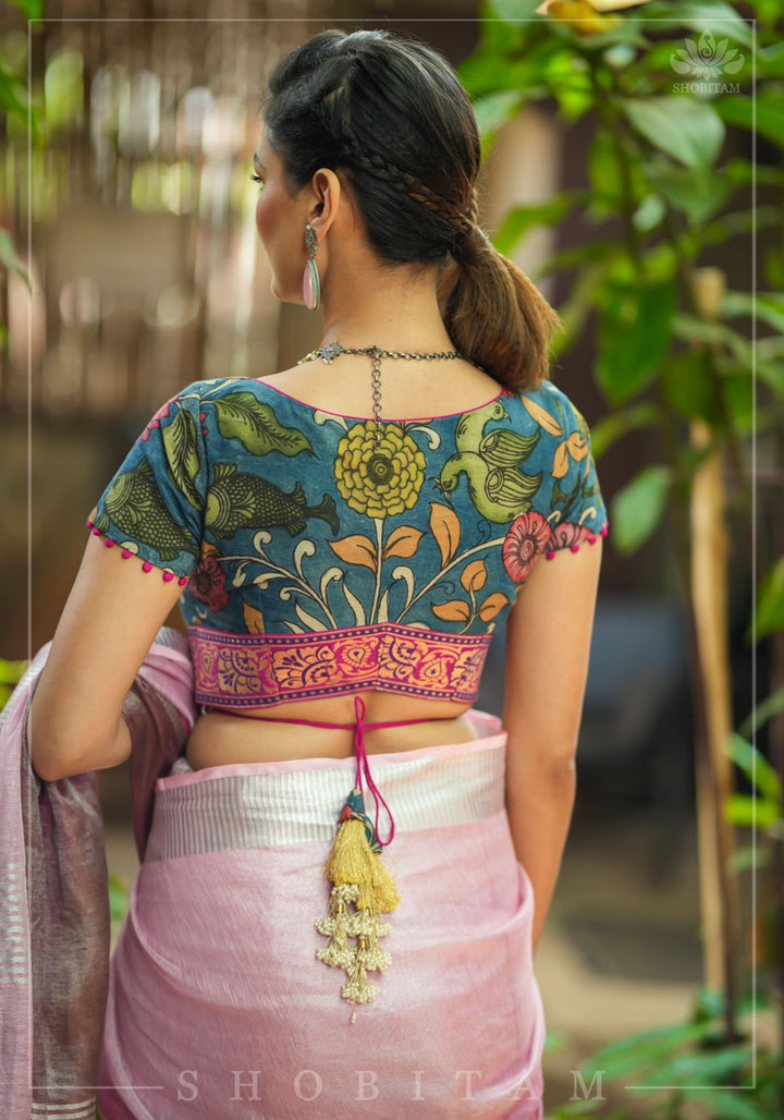 Authentic Pen Kalamkari Blouse in Livid Blue with Pond Theme painting, Banarasi Border and waist tie back!