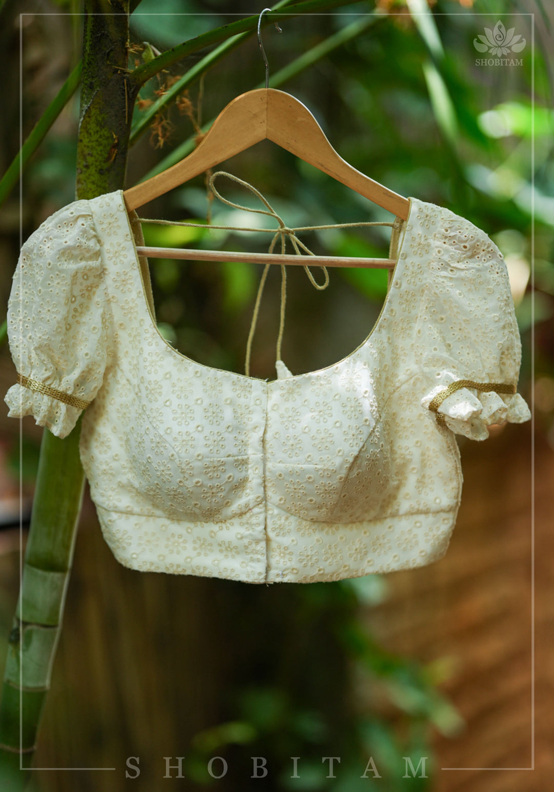 Eyelet Design Georgette Blouse with Puff Sleeves and embroidery detailing back!
