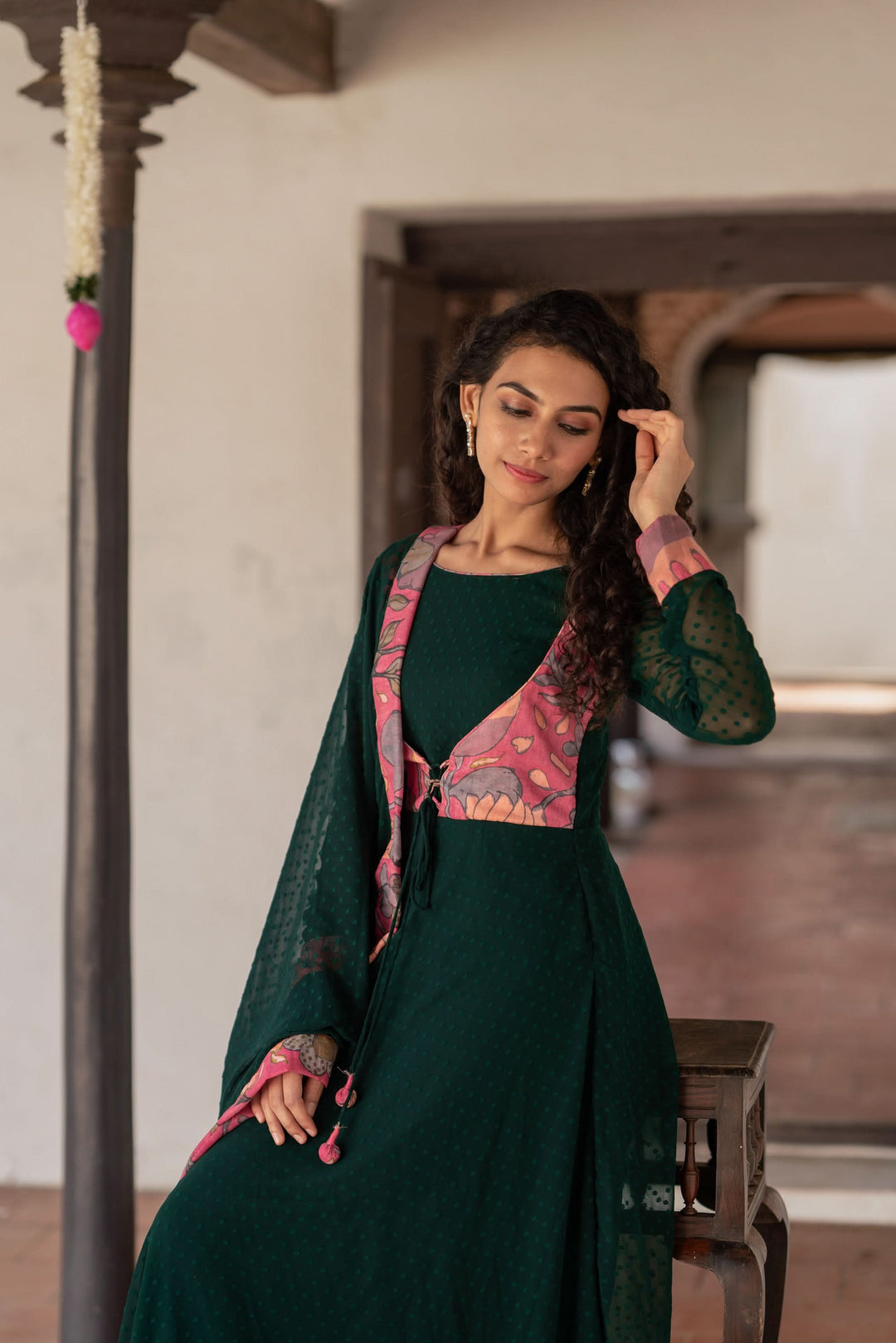 Deep Green and Pink Flared Kurti and Dupatta Set  | Made To Order