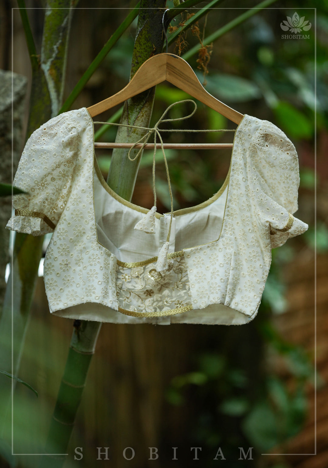 Eyelet Design Georgette Blouse with Puff Sleeves and embroidery detailing back!