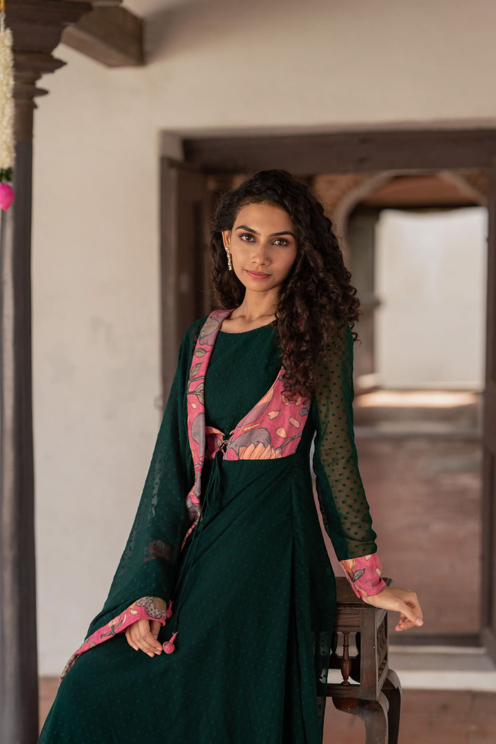Deep Green and Pink Flared Kurti and Dupatta Set  | Made To Order