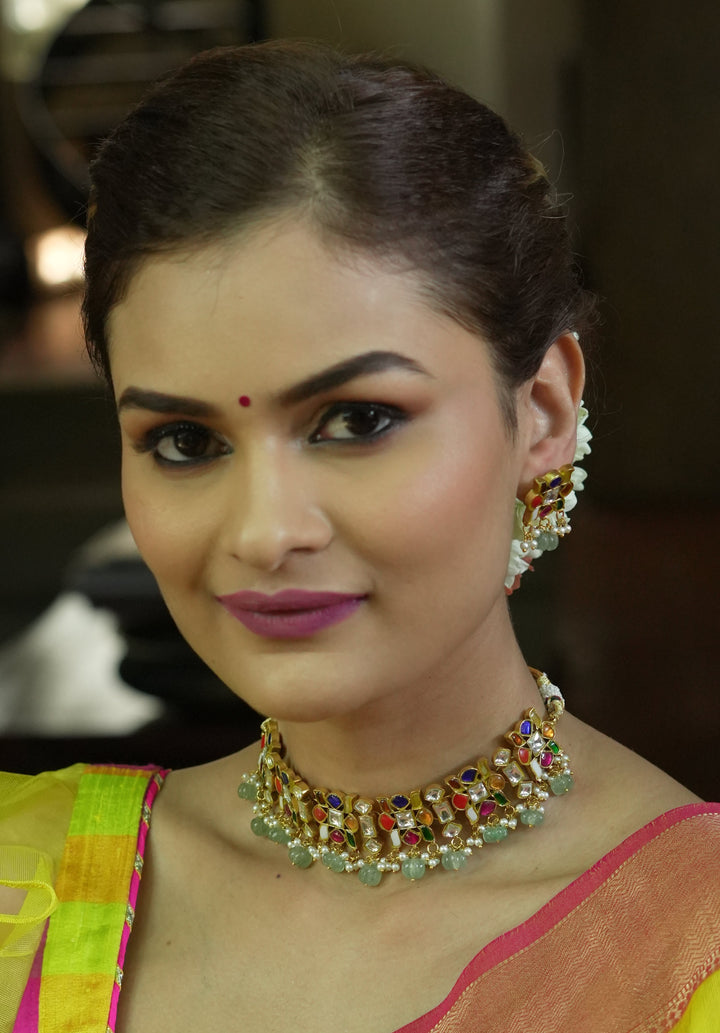 Navratna design Stone Choker Set with Green dangling sage Beads | Shobitam Jewellery