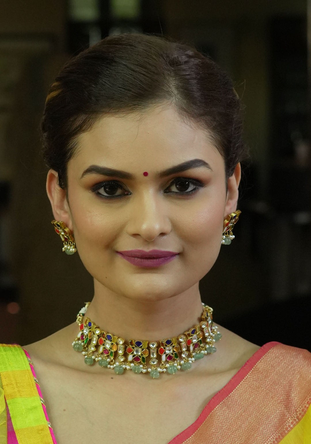 Navratna design Stone Choker Set with Green dangling sage Beads | Shobitam Jewellery