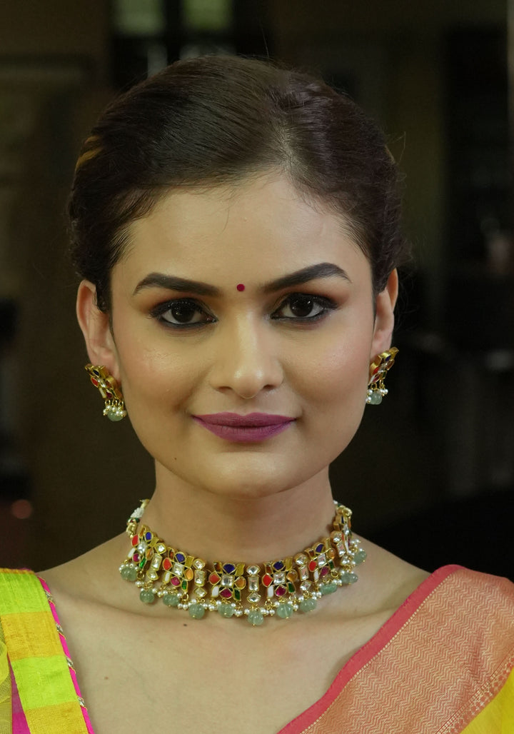 Navratna design Stone Choker Set with Green dangling sage Beads | Shobitam Jewellery